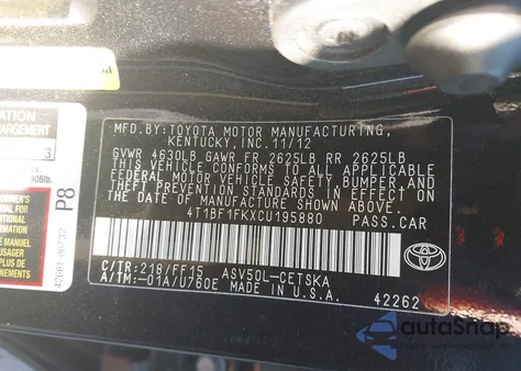 2012 Toyota Camry Se Limited Edition z USA, uszkodzony, nr VIN 4T1BF1FKXCU195880